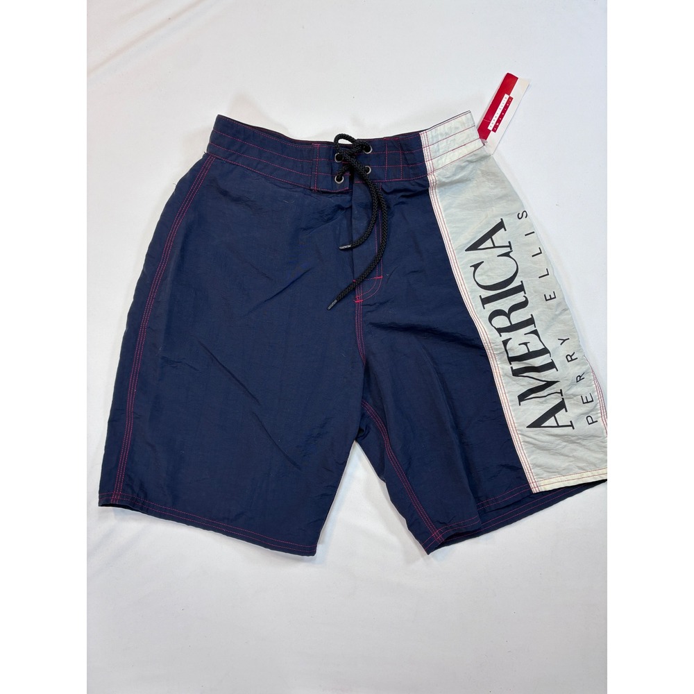 NWT Vintage Perry Ellis America Navy‎ Blue Swim Trunks Board Shorts Size S  Logo